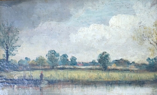 Late 19th / early 20th century, miniature oil on board, Riverscape with figures, 10 x 16.5cm, gilt framed